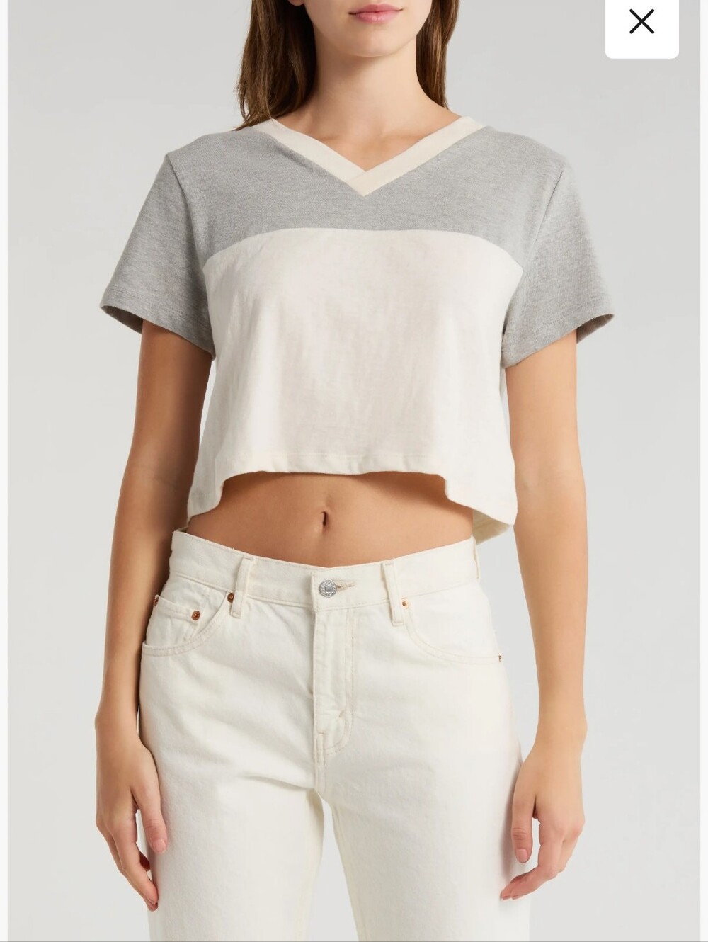 Re/Done x Hanes Women Cropped Contrast Short Sleeve T Shirt V Neck Size M